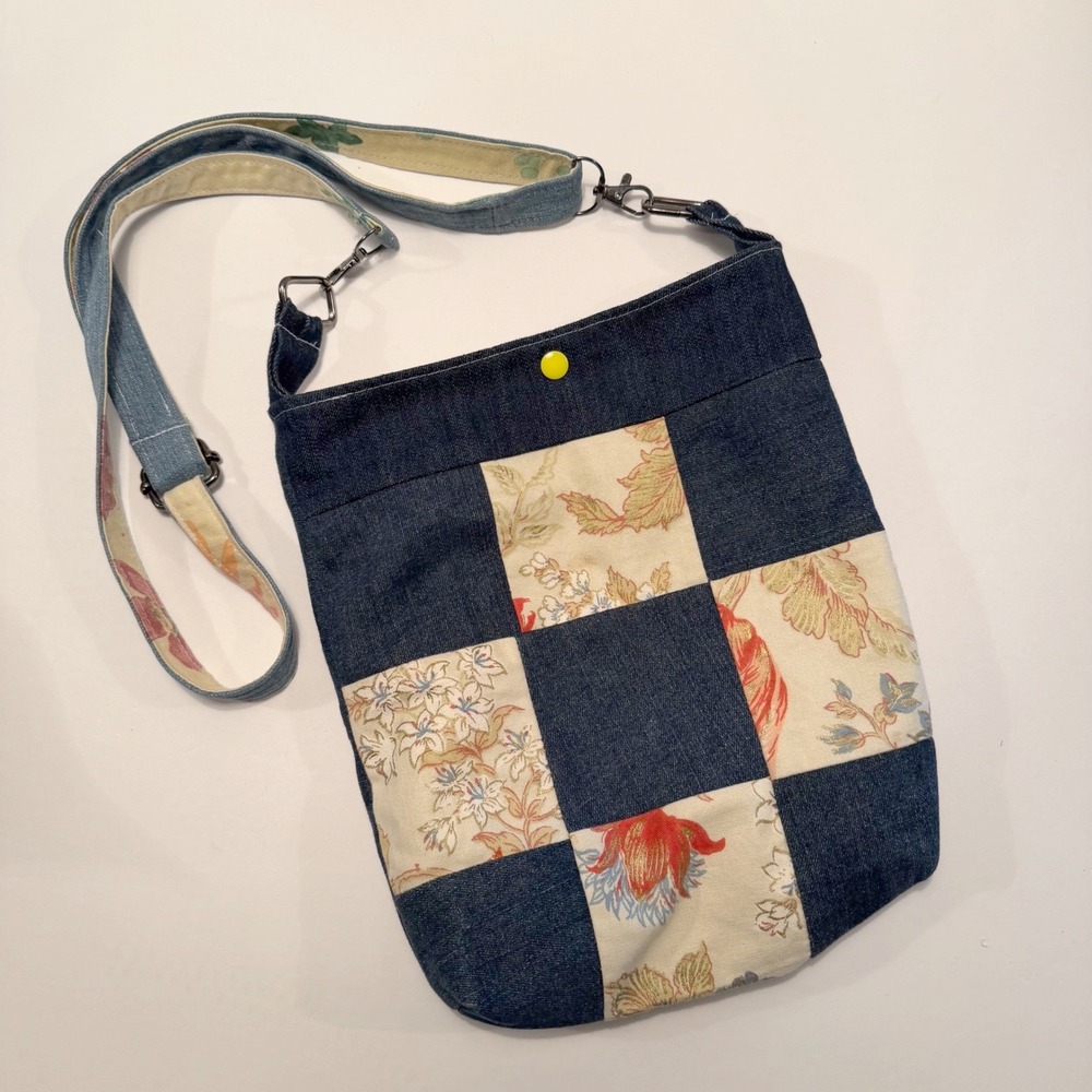 Patchwork Reversible Blue Denim Floral Crossbody Bag Boho Upcycled Hippie